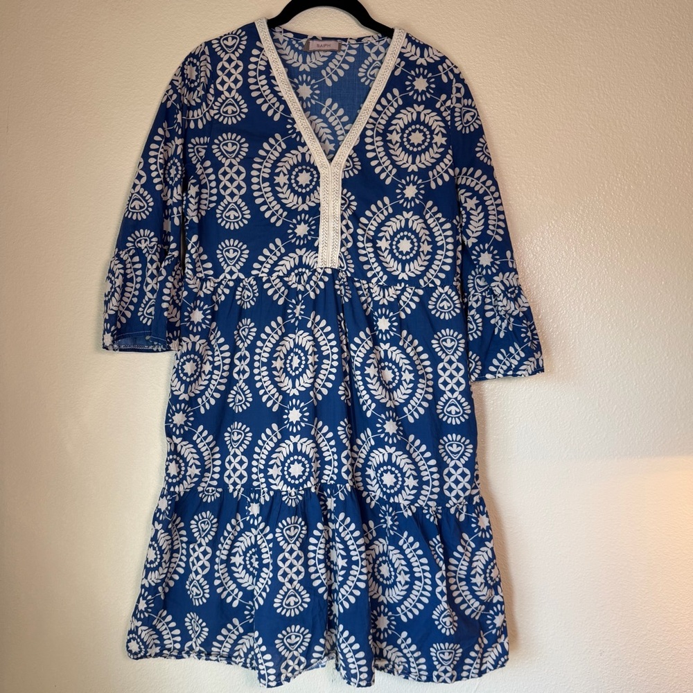 SAIPH Blue and White Patterned Cotton Dress, Size Medium